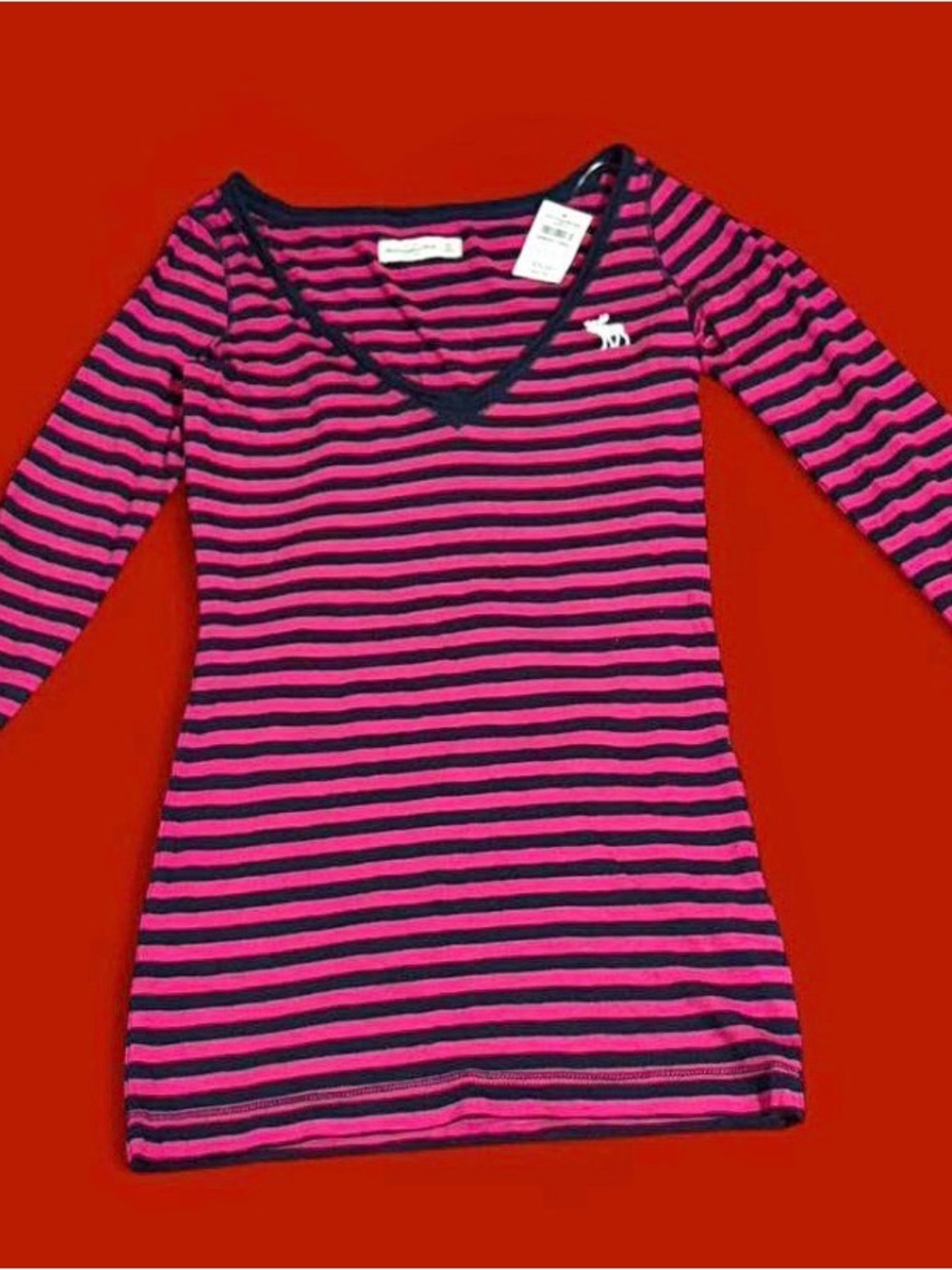 Y2K Abercrombie & Fitch Hot Pink and Black Striped V-Neck Top